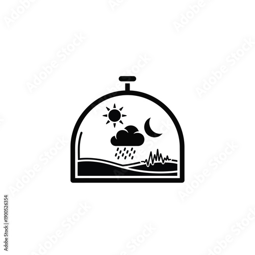 Isolated black icon on white background showing enclosed ecosystem with sun, moon, rain, cloud, plants, and mountain.