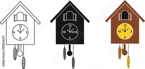 Cuckoo clock illustration set in line art, black silhouette, and colored styles, traditional wall clock design with pendulum for home decor and vintage concepts
