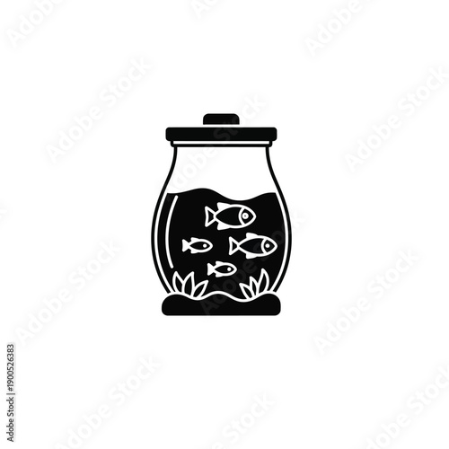 Black icon of a fishbowl with fish and aquatic plants, representing a small aquatic environment for pets.