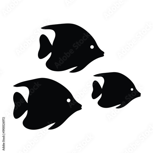 Three silhouette angelfish swimming in formation on a white background, elegant design