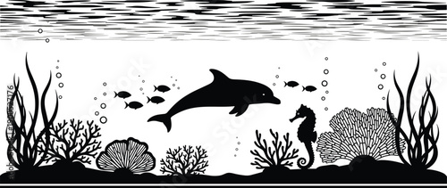 Underwater ocean silhouette scene with dolphin, fish, seahorse, coral reef, and sea plants, marine wildlife vector illustration isolated