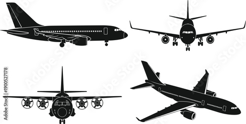 WAirplane silhouette illustration set showing commercial jet, military transport aircraft, and front view designs for aviation, travel, and transport concepts