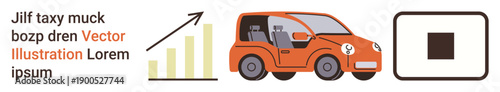 Transportation, technology, digital payments, ride-sharing, analytics, progress tracking. Illustration of an orange car, upward bar graph and QR code. Transportation and technology concept