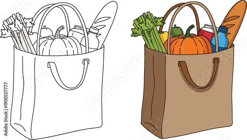 Reusable grocery bag illustration with vegetables, bread, and bottles, line art and colored version showing eco friendly shopping concept and sustainable lifestyle design