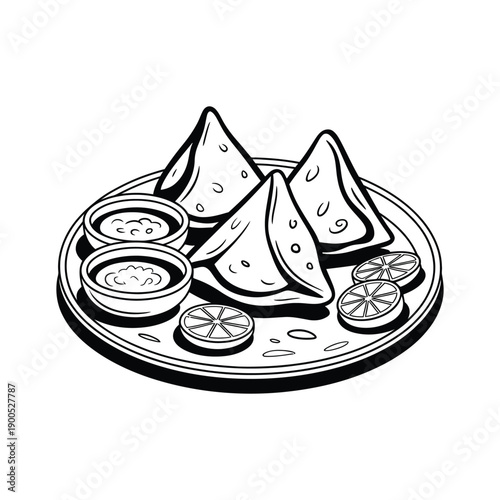 A plate of samosas with dipping sauce and lemon slices on a white background