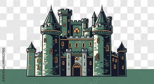 Medieval fantasy castle with towers and battlements in green and gray hues on a transparent background for graphic design