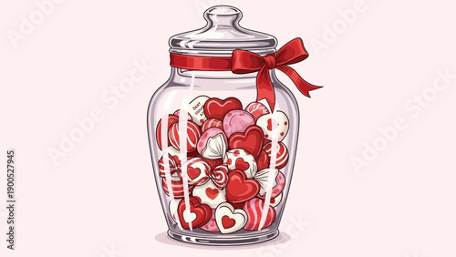 A glass jar filled with colorful heart shaped candies and a red bow.