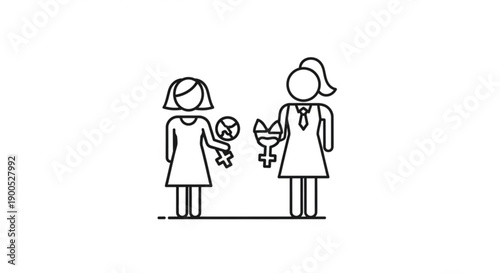 Two women exchanging gender symbols in a simple line drawing style