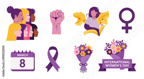 International women's day icons set with purple flowers fists and symbols on white background
