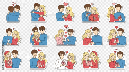 Set of cute cartoon stickers showing young couples celebrating romance and love.