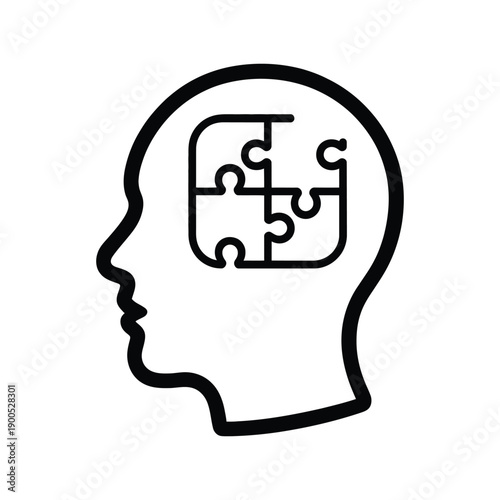 A black and white illustration of a human head with a puzzle inside the brain, symbolizing problem solving and mental challenge.