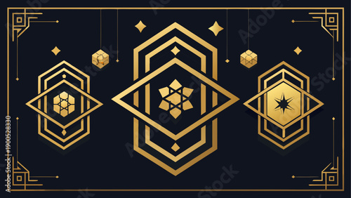 Elegant gold geometric patterns with hexagonal designs