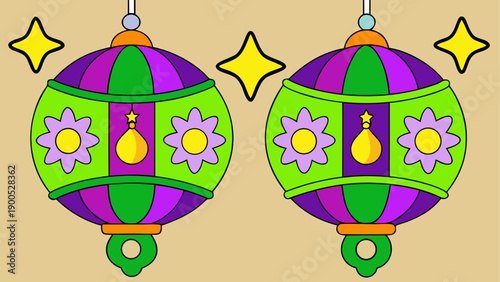 Vibrant cartoon christmas ornaments with star patterns