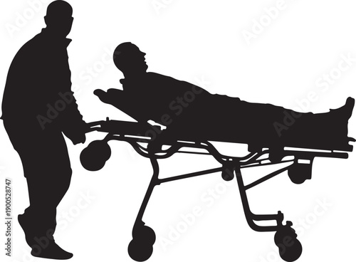 Print Silhouette of a paramedic pushing a patient on a stretcher, symbolizing medical urgency, care, and emergency transport with a clean, graphic style.