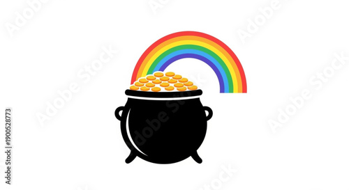 Black cauldron filled with golden coins under a vibrant rainbow on a white background symbolizing luck and prosperity