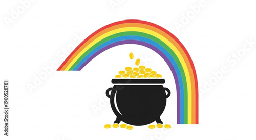 Black pot filled with gold coins under a vibrant rainbow on white background symbolizing luck and prosperity
