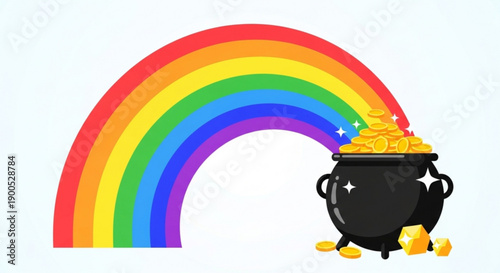 Rainbow ending in pot of gold coins illustration with sparkling treasure