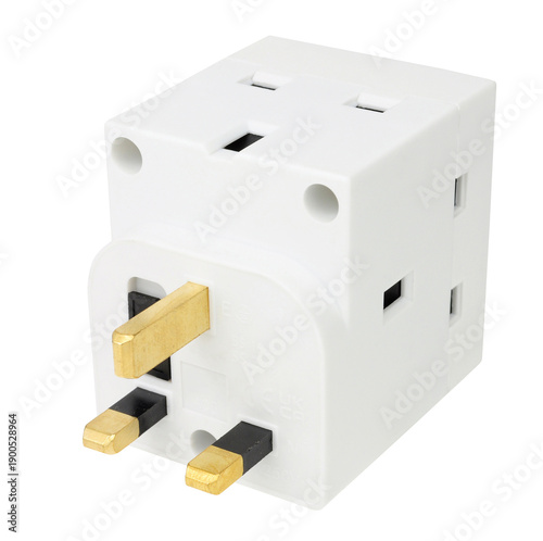 Three way 240v adapter plug socket block converter to convert a single power socket to a triple socket isolated on a white background
