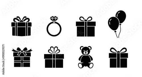 Black and white vector icons depicting gifts rings and celebratory items