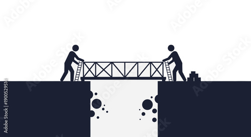 Two figures constructing a bridge over a dark chasm building connection