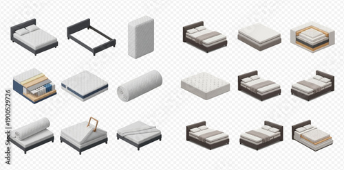 Isometric bed and mattress set with various types and styles for bedroom furniture design.