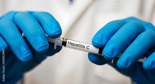 Doctor wearing blue gloves holds a syringe labeled Hepatitis C with liquid inside medical healthcare