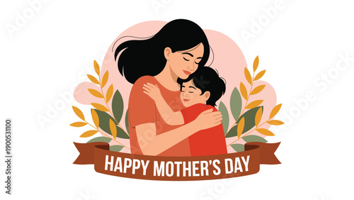Happy mother’s day illustration of loving mother hugging child with floral elements and ribbon banner isolated on white background celebrating motherhood and family love