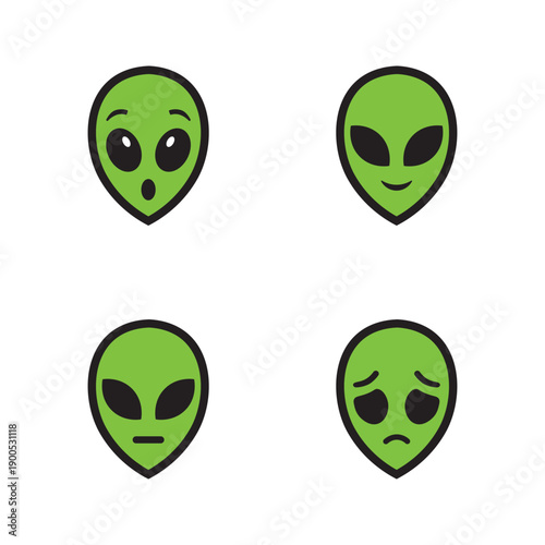 Alien emoji face icons set with various emotions like happy, sad, and surprised.