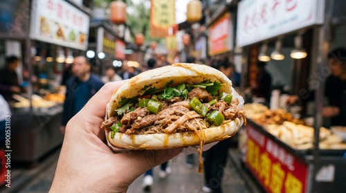 Rou Jia Mo: Chinese Hamburger (Rou Jia Mo), crispy baked bun filled with juicy shredded braised pork and green peppers, held in hand, street background, copy space for text.