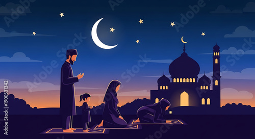Family praying together at dusk with mosque crescent moon and stars in night sky islamic holy month of ramadan