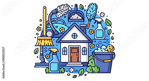 Colorful house with cleaning supplies and tools around it surrounded by flowers and leaves illustrating household chores and cleaning concepts