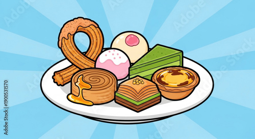 Assorted traditional pastries and desserts on a white plate against a vibrant blue background with radial light rays