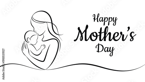 Happy mother’s day minimalist line art illustration of mother holding baby isolated on white background celebrating motherhood love care and family bond