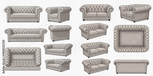 Set of classic Chesterfield sofas and armchairs in various angles, elegant upholstered furniture with tufted buttons for living room interior design.