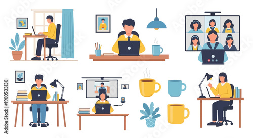 Remote workers engaged in virtual meetings and focused tasks in modern home office settings