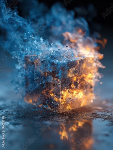 Fiery Ice Cube Surrounded by Dynamic Smoke and Water Splashes