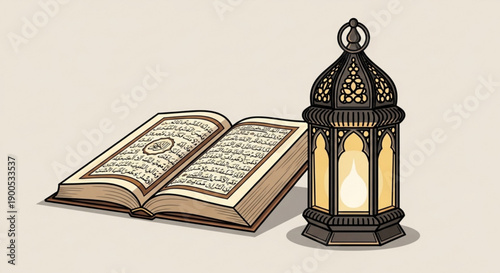Islamic Lantern and Quran Book Illustration on Beige Background