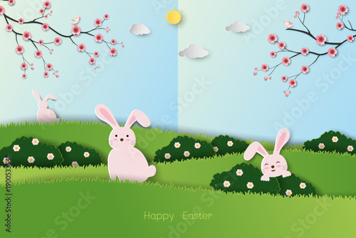 Easter nature background with cute rabbits happy on spring garden