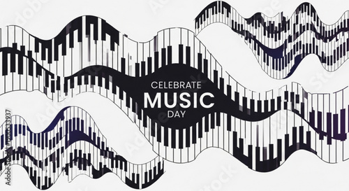 Celebrate music day with wavy piano keyboard design and musical notes on white background