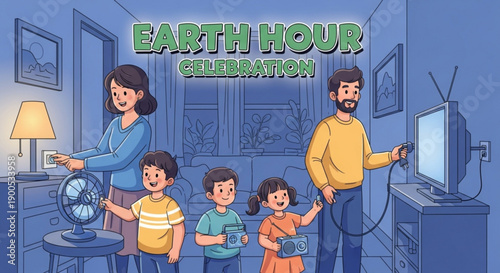 Family turning off lights and electronics for earth hour celebration together