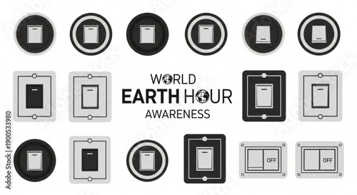 Earth hour awareness light switch icons set black and white