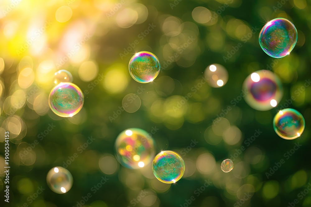 Fototapeta premium A vibrant collection of colorful soap bubbles floats in soft focus against a sunlit green backdrop, capturing delicate reflections and rainbow bokeh effects for nature-themed creative projects.