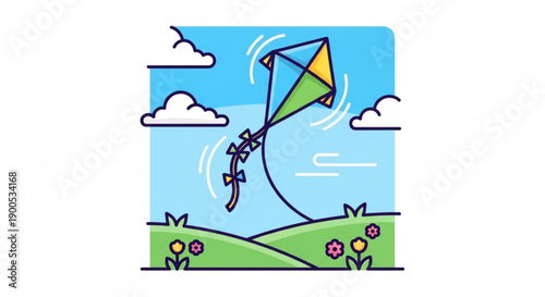 Vibrant kite soars through clear blue sky with fluffy clouds green hill and colorful flowers in a joyful outdoor scene