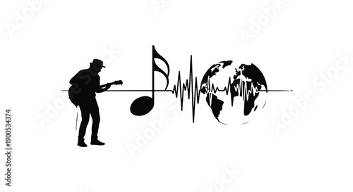 Musician silhouetted against a globe with sound waves, symbolizing global music and connection