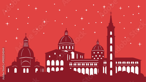 Silhouette of historic european city skyline at night