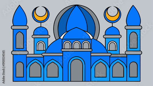 Vibrant blue mosque vector illustration with crescent moons