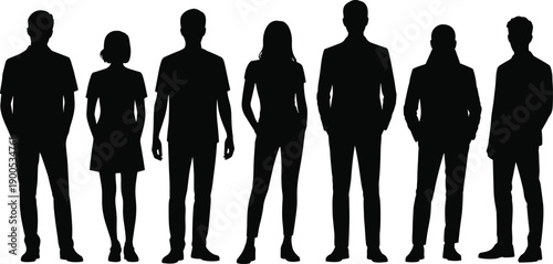 people, silhouette, business, corporate, professional, vector, illustration, black, standing, team, group, community, lifestyle, diverse, human