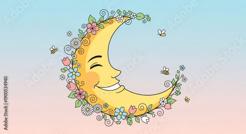 Smiling crescent moon face with floral wreath and bees in pastel sky