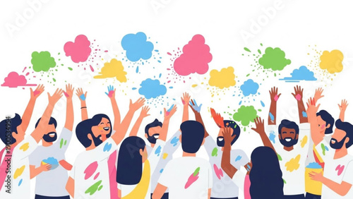Diverse group of people celebrating with colorful paint splatters in the air joyful and lively scene