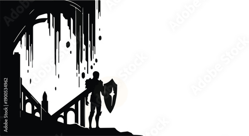 Lone warrior stands with shield in a dark, gothic archway, ready for adventure.